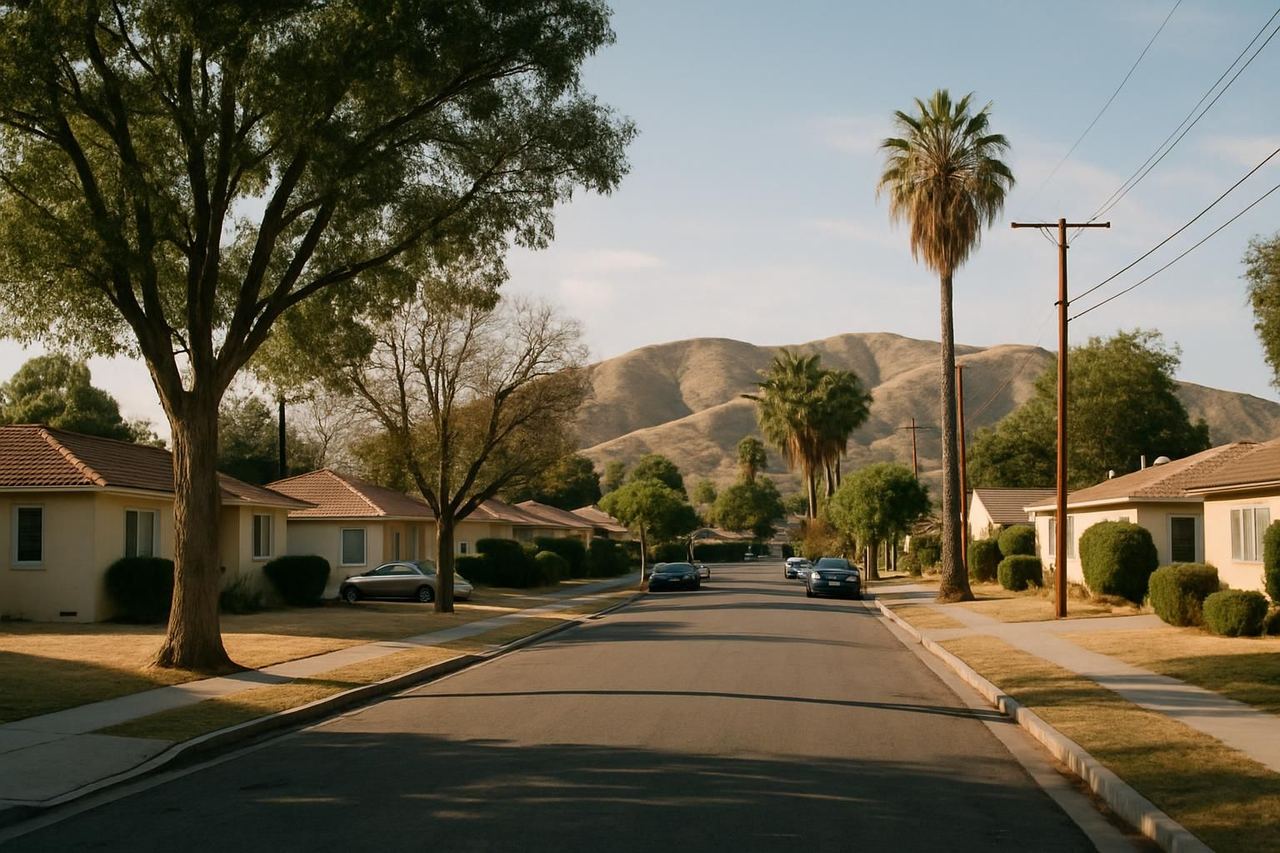 A residential street in Studio City, California below the San Fernando Valley hills